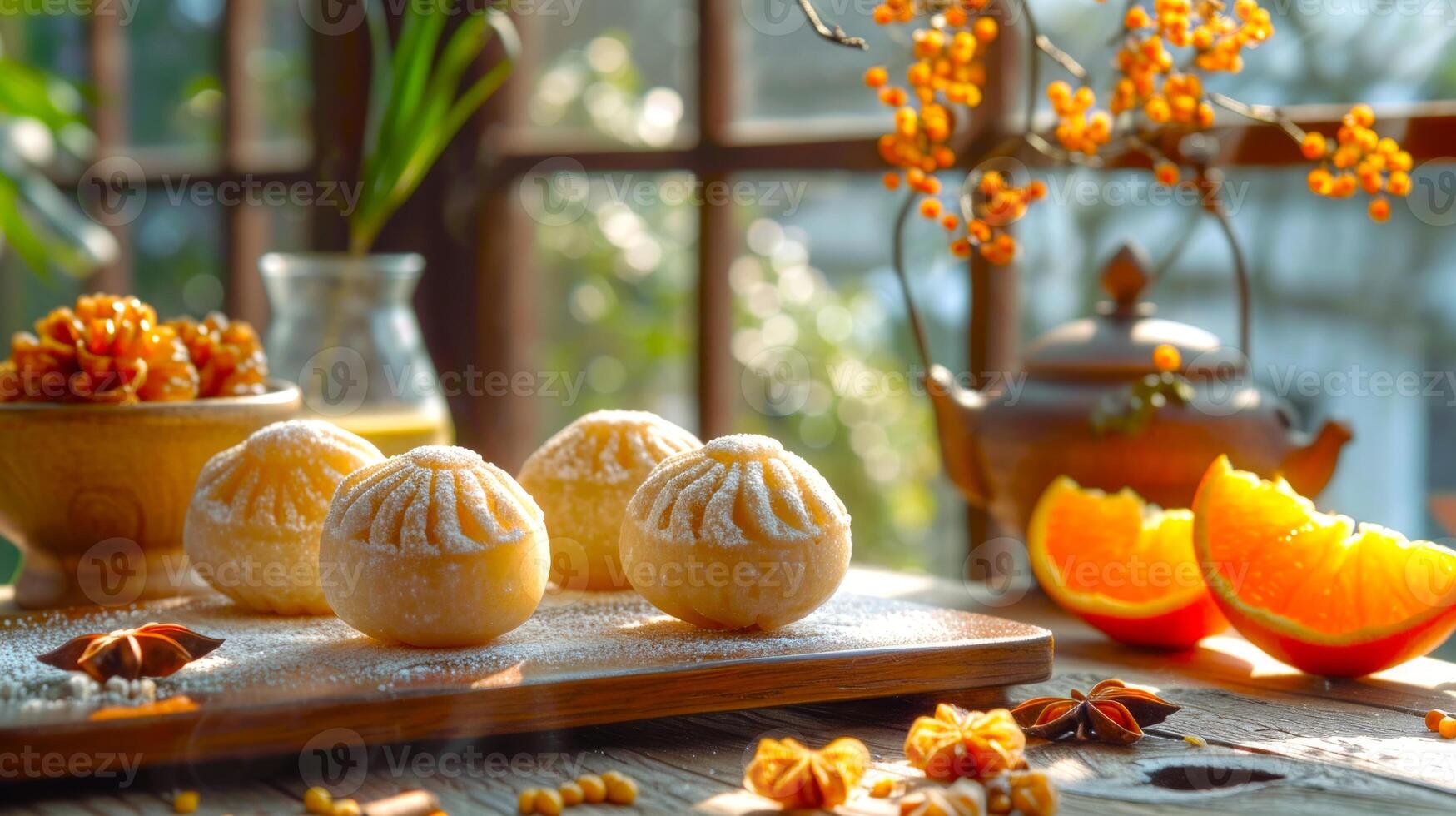 AI generated Sweet dusted pastries on a rustic table accented by vibrant orange slices and a teapot. Concept of cozy afternoon tea, homemade pastry delight, sunny kitchen tranquility, photo