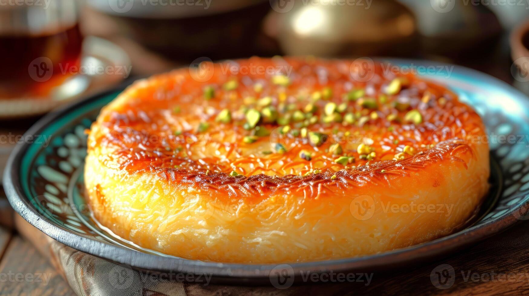 AI generated Kunafa, sweet dish of Arabic cuisine. Golden, crispy vermicelli-like pastry on top with melted cheese underneath, served on a plate with syrup and a sprinkle of pistachios. photo