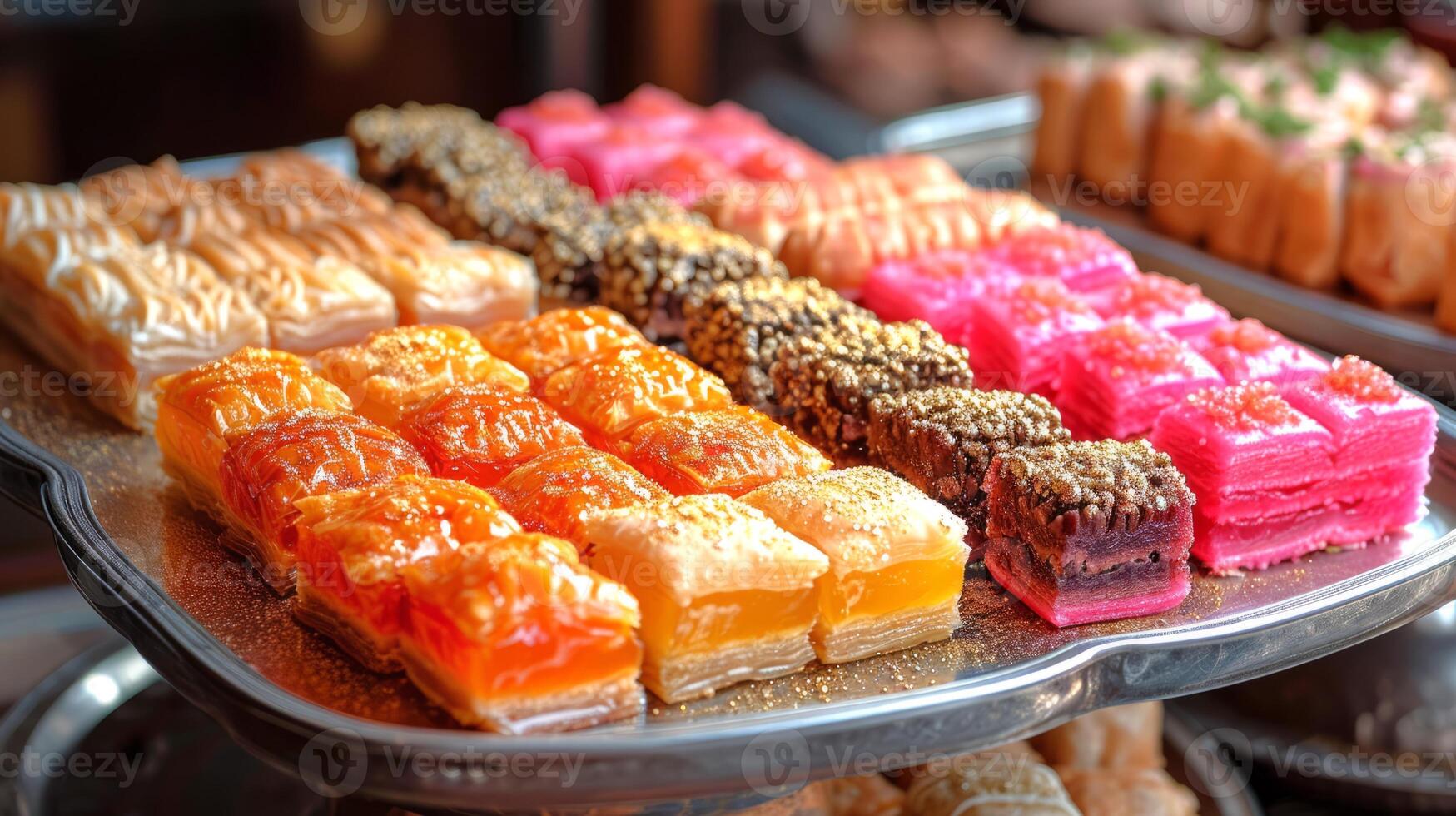 AI generated Display of various Middle Eastern sweets like baklava and Turkish delight, arranged elegantly on an silver platter, natural lighting emphasizing the textures and colors. photo