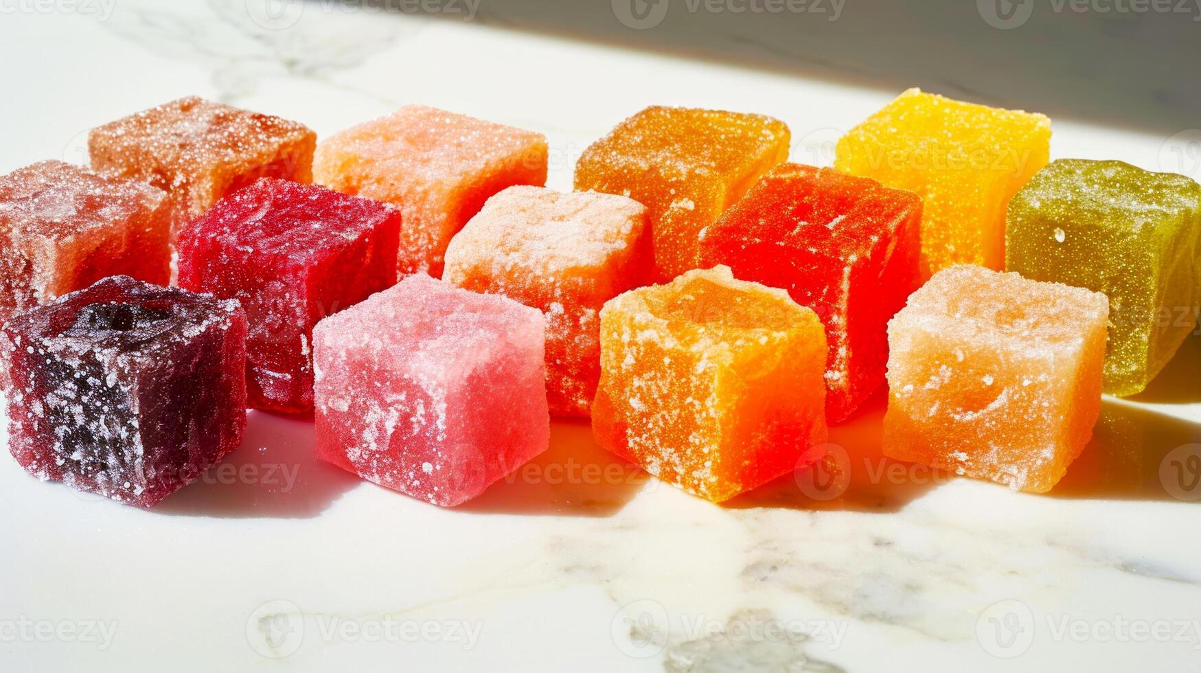 AI generated Multi-colored Turkish delight Rahat Lokum assortment, on light background. Delicious oriental sweets photo