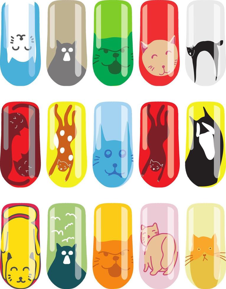 Finger nail art with cute cat inside. vector
