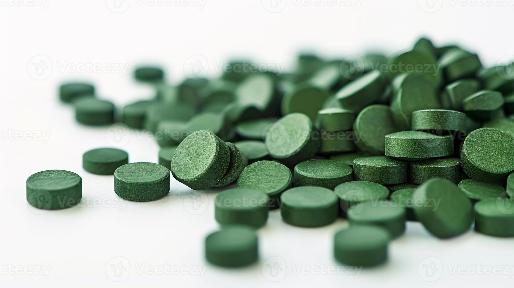 AI generated Spirulina or Chlorella green tablets scattered on a pure white background. With copy space. Dried seaweed. Superfood. Concepts of food supplement, health and pharmaceuticals photo