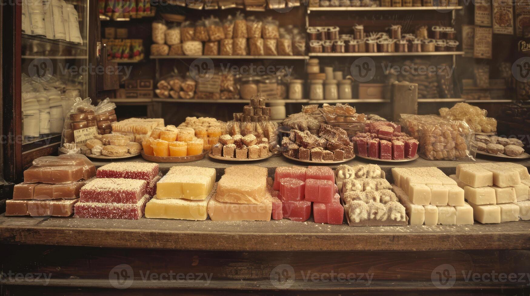 AI generated Traditional Eastern sweets in old-fashioned bazaar setting 20th-century. Vintage style with sepia tone. Concept of vintage candy store, nostalgic sweets assortment, antique shop ambiance photo