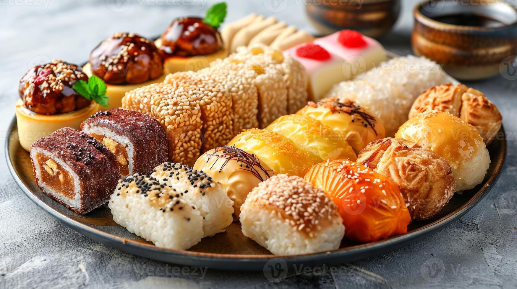 AI generated Assorted traditional eastern desserts, featuring a variety of flavors and toppings. Concept of Asian dessert variety, assorted pastry selection, sweet treat presentation photo