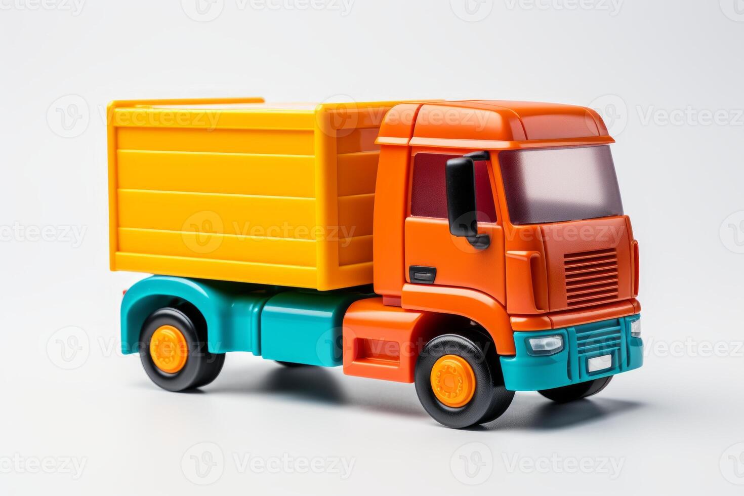 AI generated Orange toy truck isolated on a white background. Side view. Cartoonish childrens car. Concept of kids toys, playful designs, transport-themed playthings, and bright colors photo