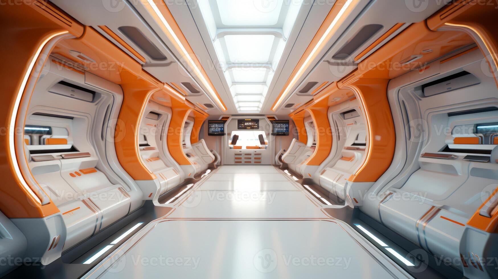 AI generated Futuristic spacecraft interior in a minimalist style. Concept of space travel, future technology, exploration, cosmic living, and Earth observation photo