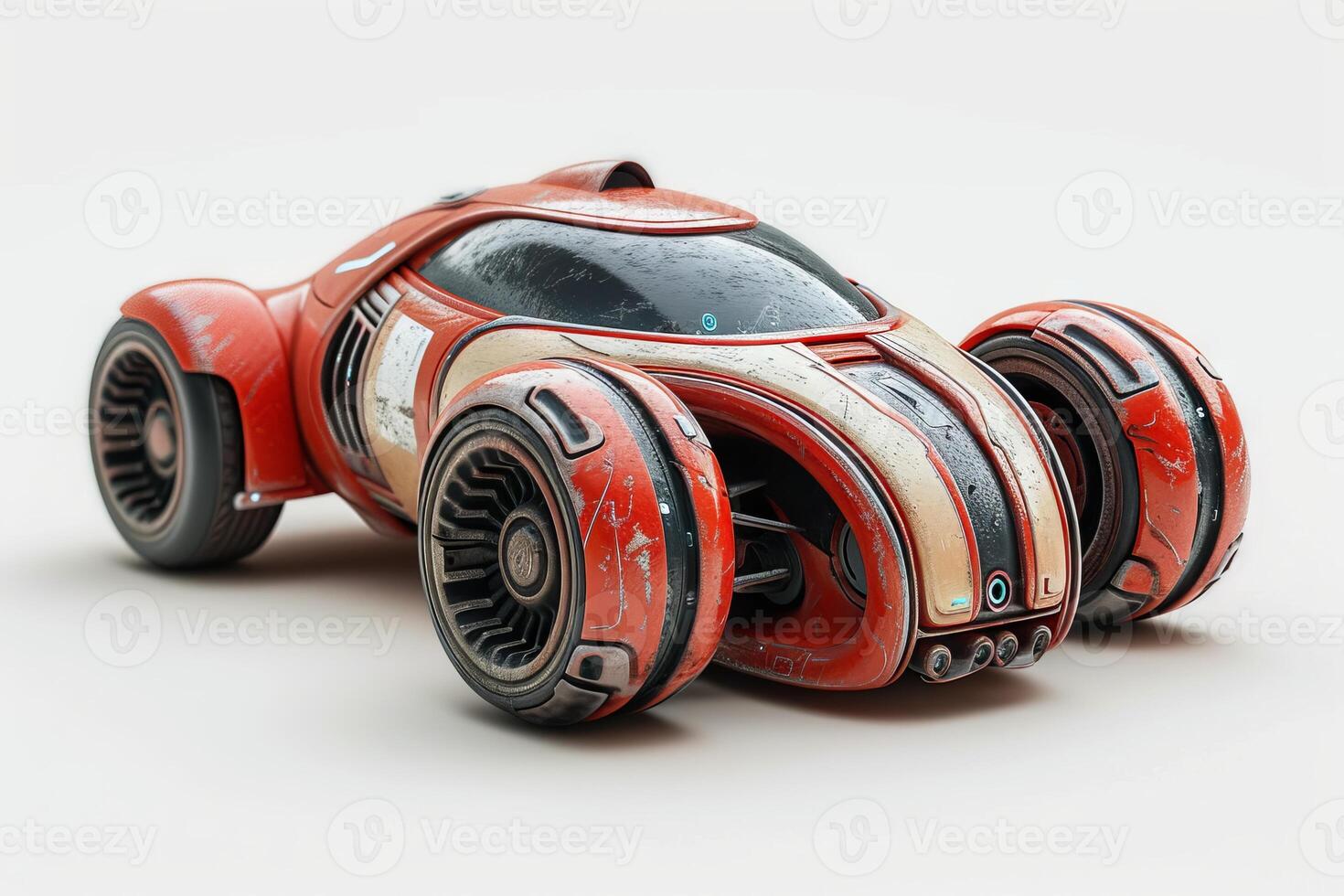 AI generated Futuristic red sport toy car isolated on white background. Cartoonish vehicle designed for children. Concept of kids friendly toys, playful designs, transport-themed playthings photo