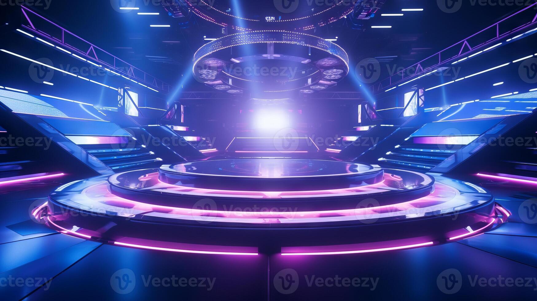 AI generated Modern futuristic concert stage with dynamic neon blue purple illumination. Modern Night Club. Concept of virtual reality events, futuristic concerts, and high tech stage design photo