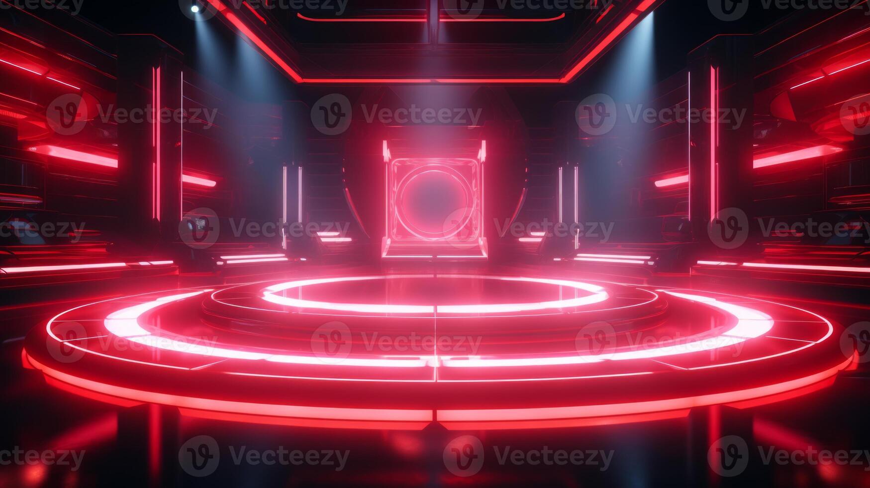 AI generated Modern futuristic concert stage with dynamic neon red illumination. Modern Night Club. Concept of virtual reality events, futuristic concerts, and high tech stage design. Vertical forma photo