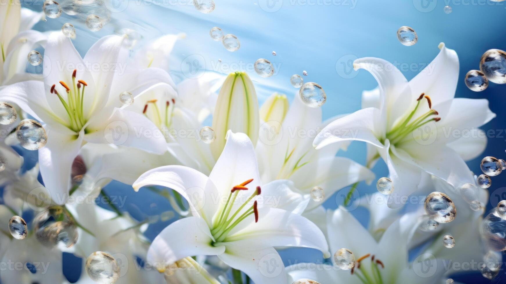 AI generated White lilies under light blue clear water with bubbles and droplets. Banner with copy space. Perfect for poster, greeting card, event invitation, promotion, advertising, print photo