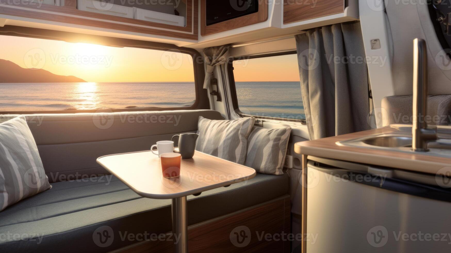AI generated Warm and inviting RV inside, showcasing expansive views of a nature landscape. Concept of mobile living, adventure travel, road trips, and nature-connected lifestyles photo