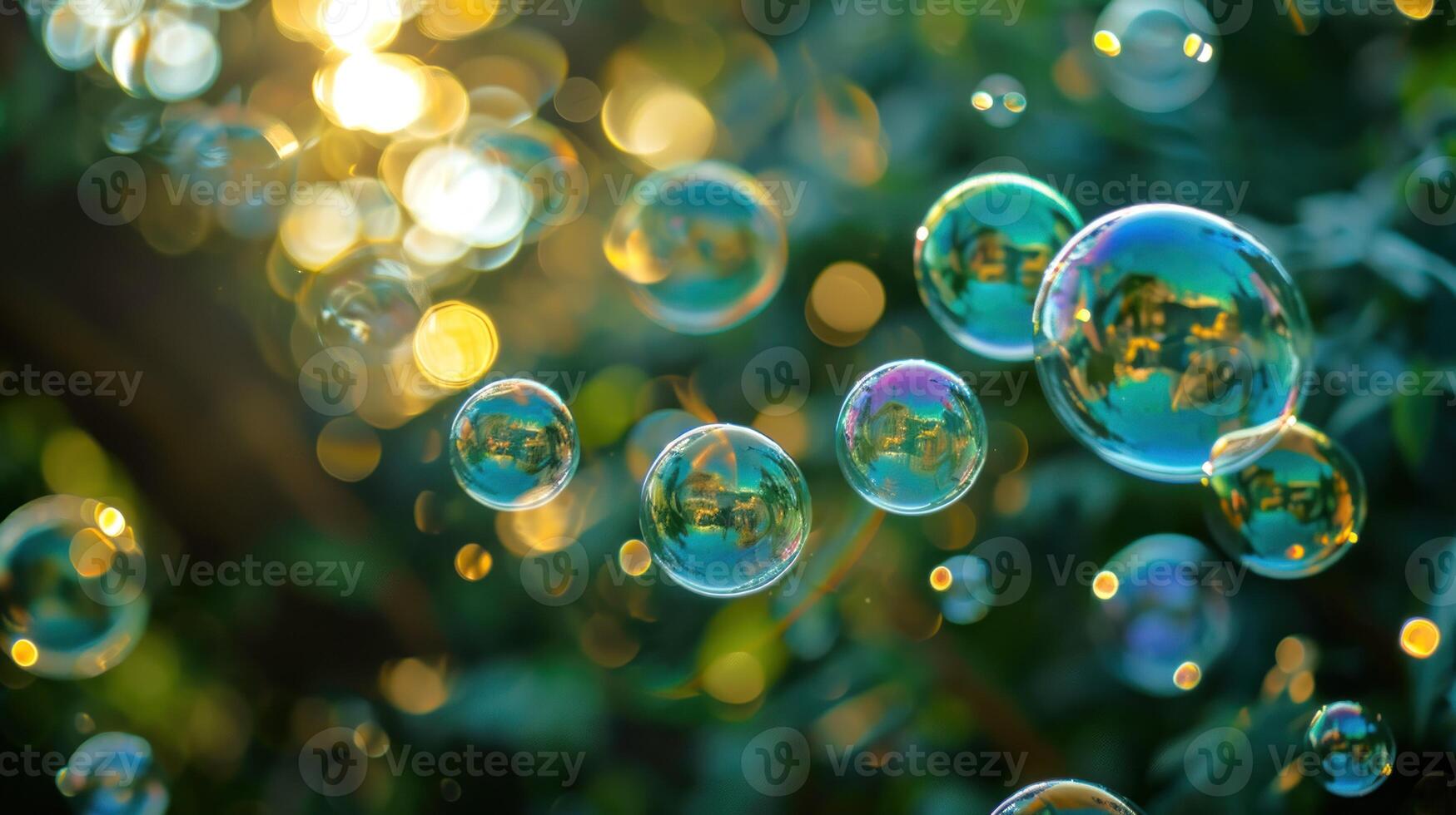 AI generated Close-up of reflective soap bubbles among leaves, with a warm bokeh background. Conveying lightness and wonder. photo