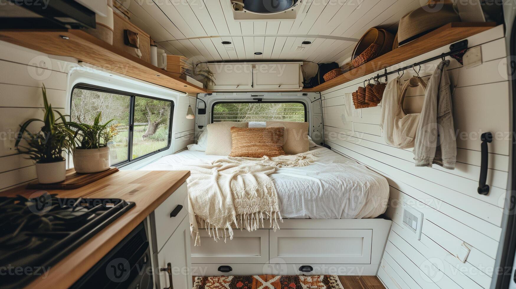 AI generated Interior of a contemporary RV featuring and nature outside. Concept of mobile living, adventure travel, road trips, and nature-connected lifestyles photo