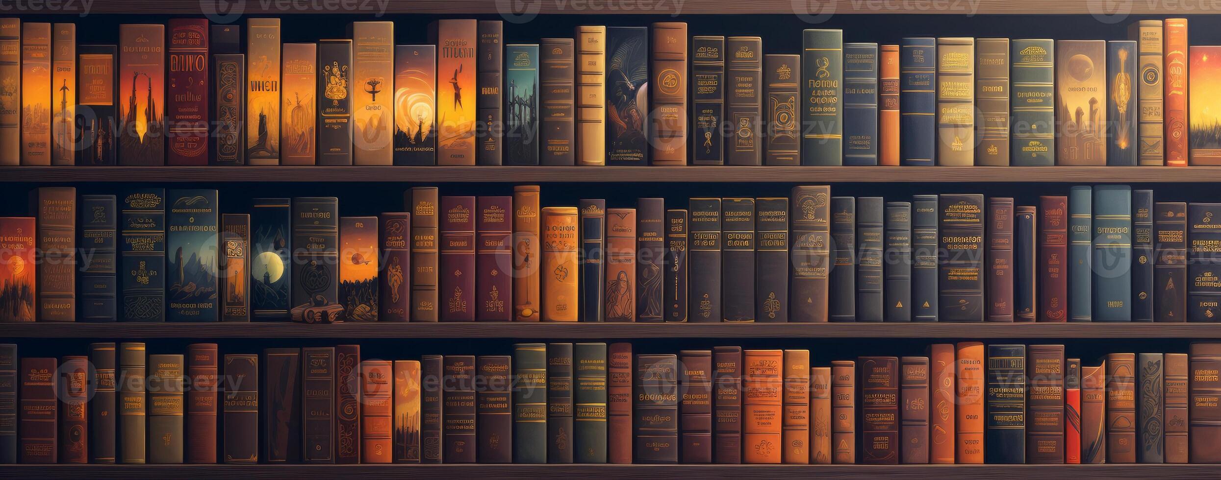 AI generated Antique styled books arranged neatly on wooden shelves. Concept of antiquarian books, classic literature, and home library aesthetics photo