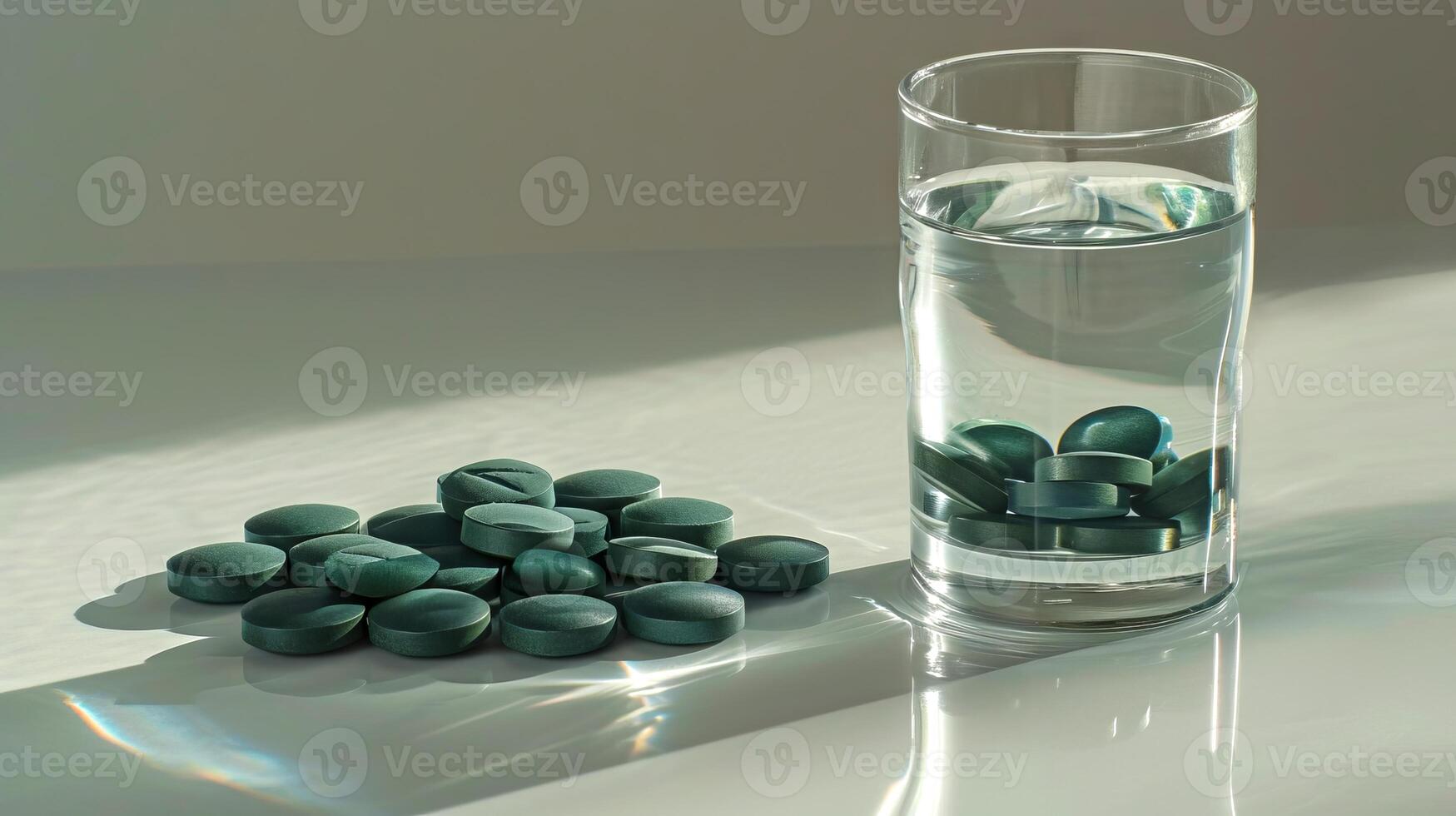 AI generated Spirulina or Chlorella green tablets next to a glass of water. With copy space. Dried seaweed. Concepts of health, wellness, dietary supplements, organic superfood. photo