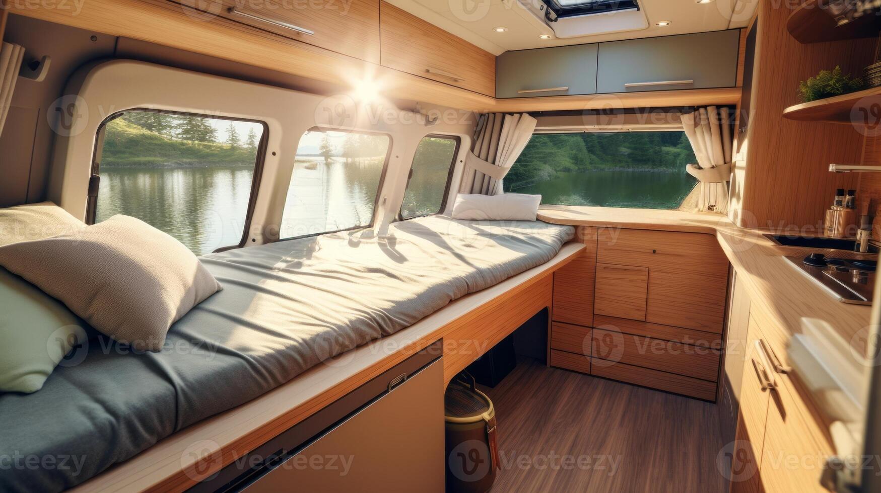 AI generated Comfortable motorhome interior design with cozy interior and scenic nature outlook. Concept of mobile living, adventure travel, road trips, and nature-connected lifestyles photo