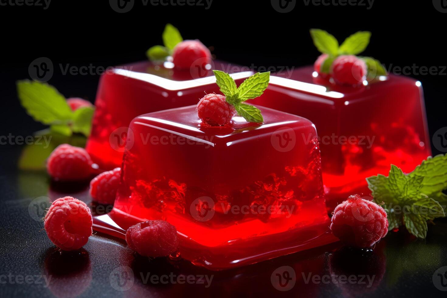 AI generated Vibrant red jelly adorned with raspberries. Sweet fruit dessert. For use in culinary websites, food blogs, catering services, recipe books, and dessert menus. Dark background. photo