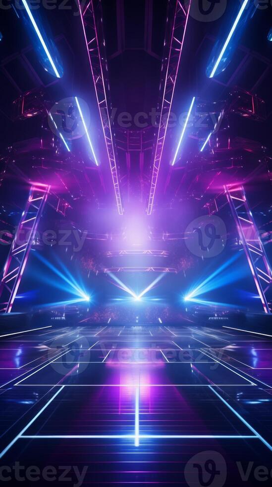 AI generated Modern futuristic concert stage with dynamic neon blue purple illumination. Modern Night Club. Concept of virtual reality events, futuristic concerts, and high tech stage design. Vertical photo