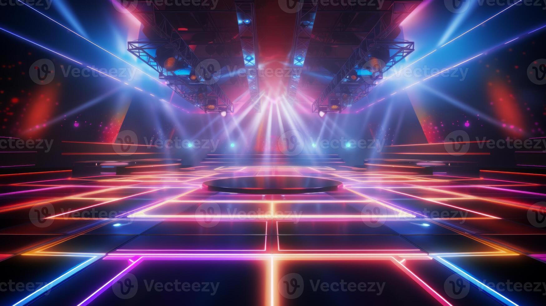 AI generated Colorful modern futuristic concert stage with dynamic neon illumination. Modern Night Club. Concept of virtual reality events, futuristic concerts, and high tech stage design photo