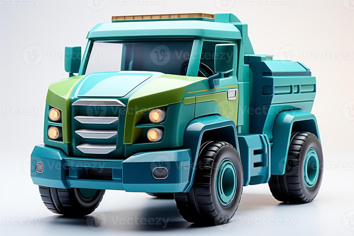 AI generated Green toy truck isolated on a white background. Side view. Cartoonish fantastic childrens car. Concept of kids toys, playful designs, transport-themed playthings, and bright colors photo