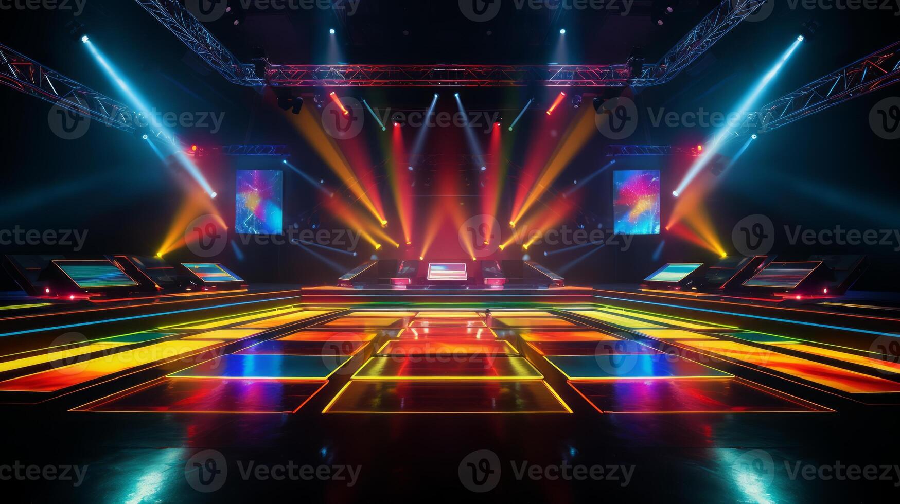 AI generated Modern futuristic concert stage with dynamic neon rainbow illumination. Modern Night Club. Concept of virtual reality events, futuristic concerts, and high tech stage design photo