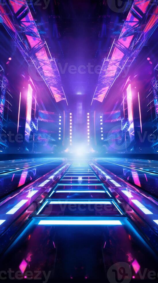 AI generated Modern futuristic concert stage with dynamic neon blue purple illumination. Modern Night Club. Concept of virtual reality events, futuristic concerts, and high tech stage design. Vertical photo