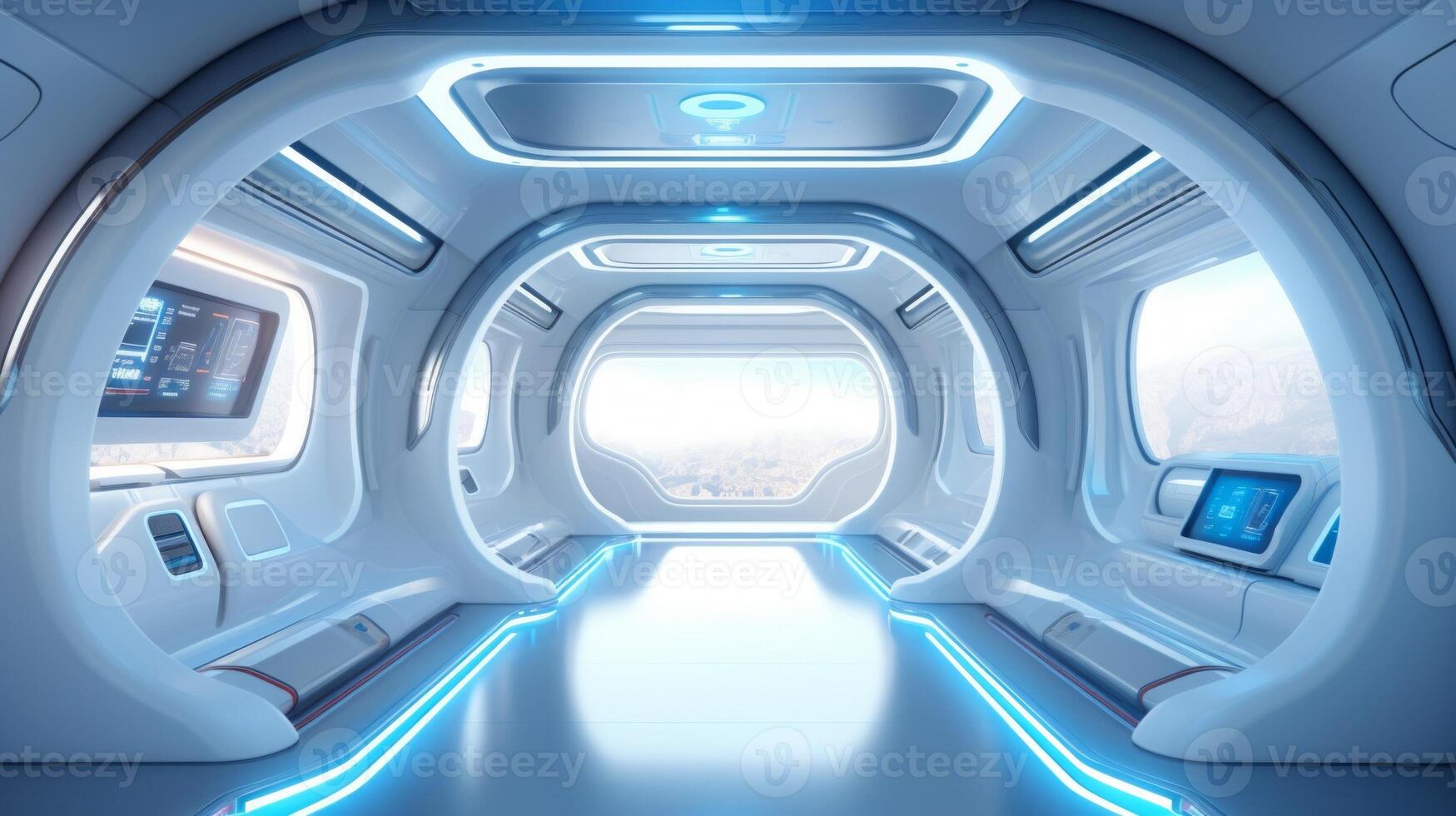 AI generated Futuristic spacecraft interior in a minimalist style. Concept of space travel, future technology, exploration, cosmic living, and Earth observation photo