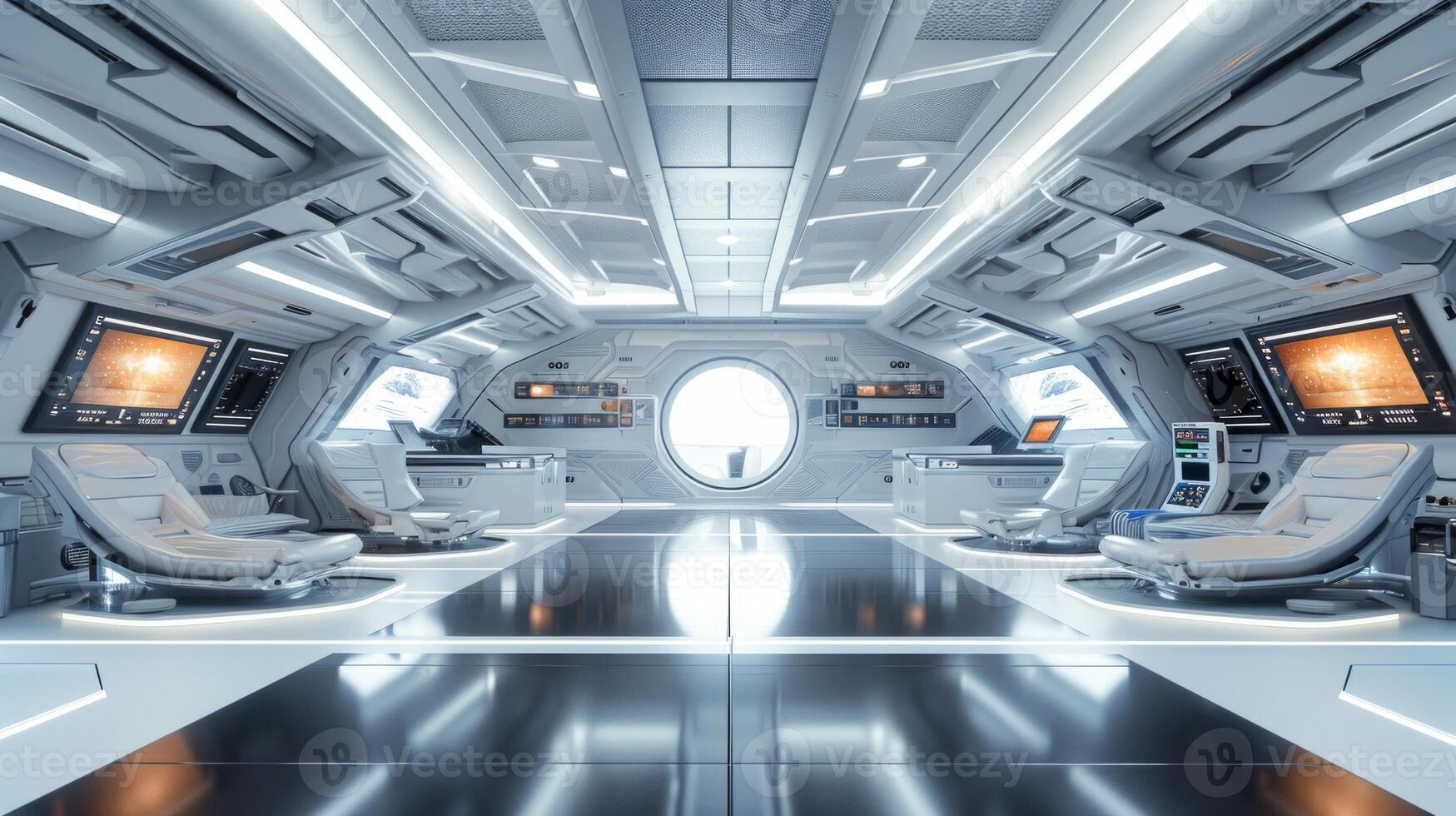 AI generated Modern futuristic minimalist design of a spaceship interior with a modern aesthetic. Concept of space travel, future technology, exploration, cosmic living, and Earth observation photo