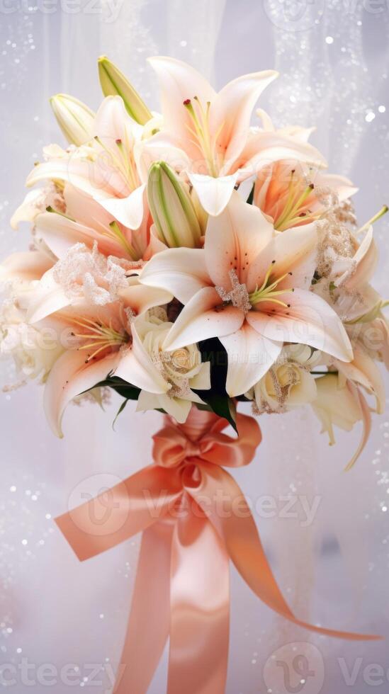 AI generated White lilies huge bouquet with peach ribbon bow on light background with glitter and bokeh. Perfect for poster, greeting card, event invitation, promotion, advertising, elegant design photo