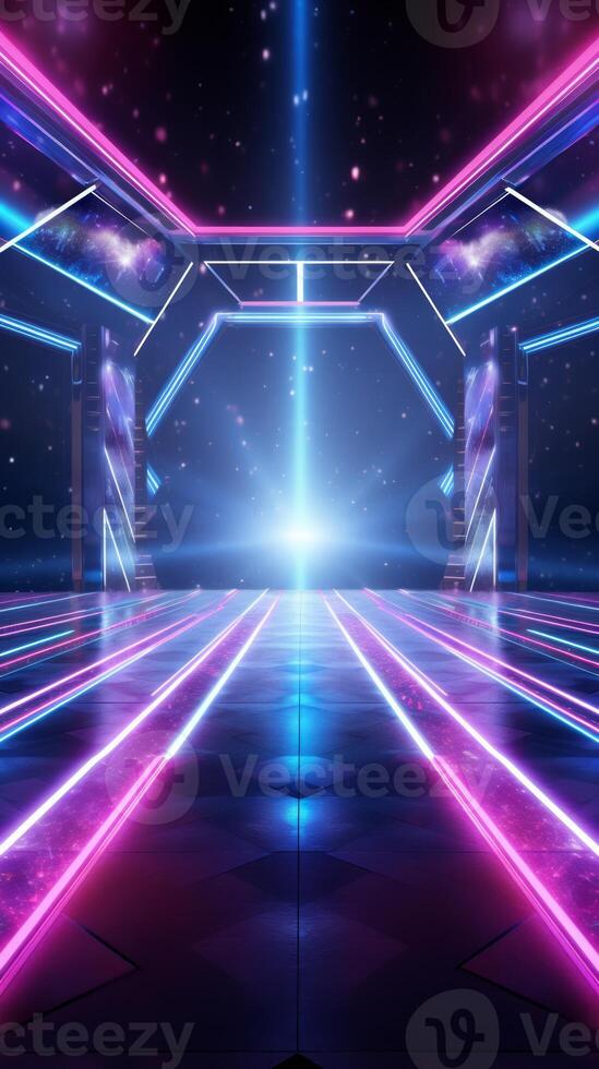 AI generated Modern futuristic concert stage with dynamic neon blue purple illumination. Modern Night Club. Concept of virtual reality events, futuristic concerts, and high tech stage design photo