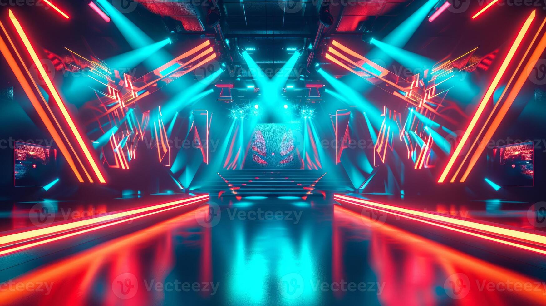 AI generated Bright Modern futuristic concert stage with dynamic neon orange blue illumination. Modern Night Club. Concept of virtual reality events, futuristic concerts, and high tech stage design photo