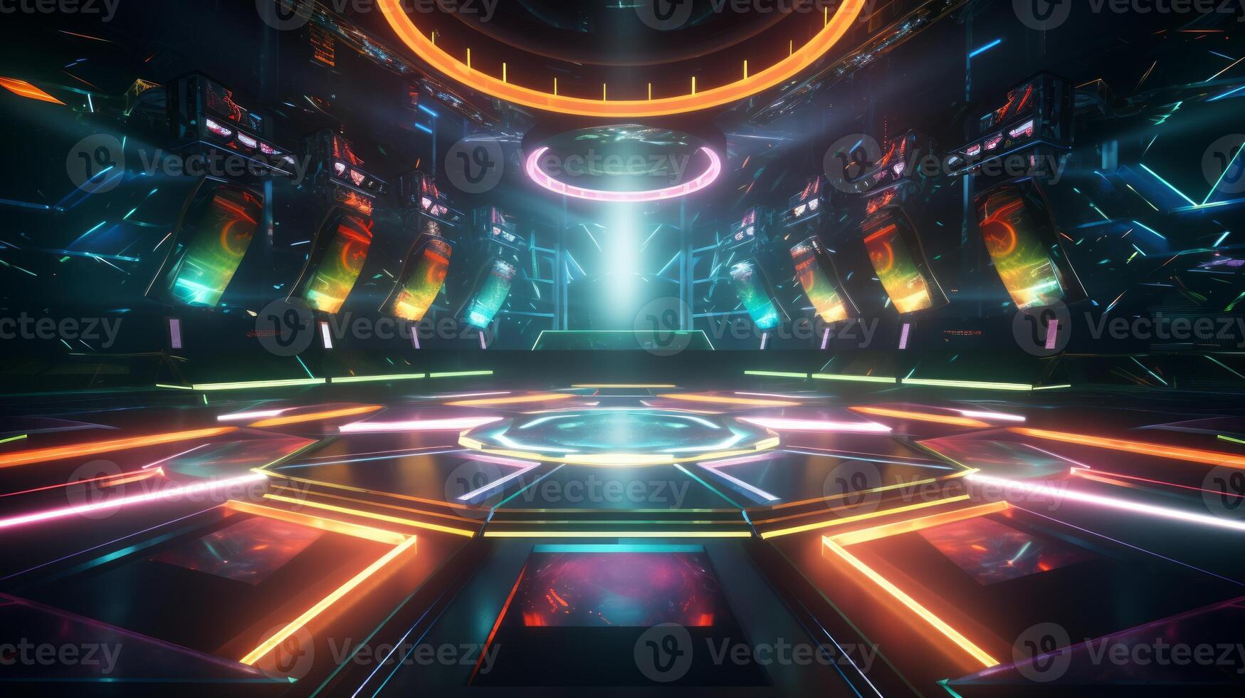 AI generated Modern futuristic concert stage with dynamic neon rainbow illumination. Modern Night Club. Concept of virtual reality events, futuristic concerts, and high tech stage design photo