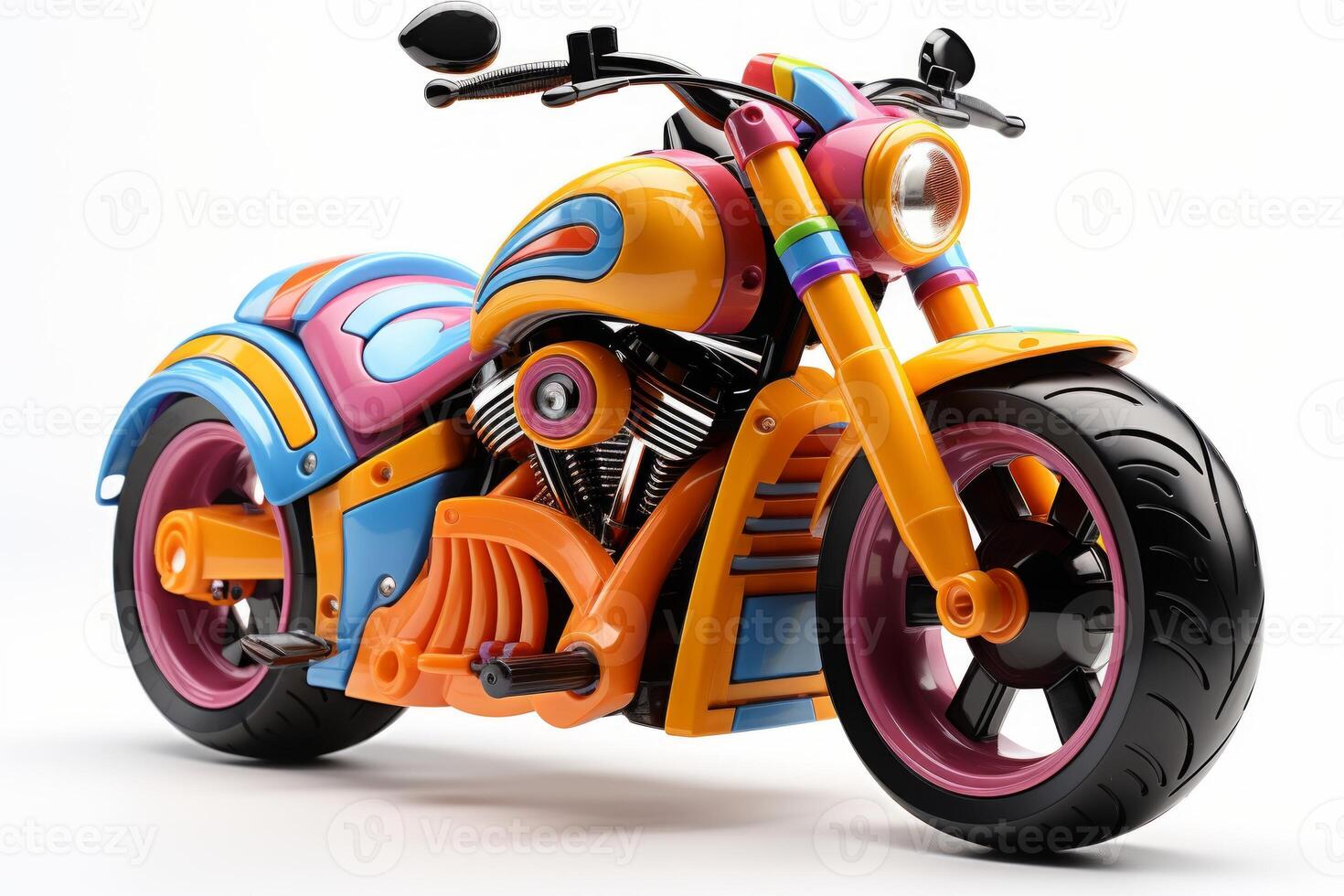AI generated Futuristic toy motorbike isolated on a white background. Concept of kids friendly toys, transport-themed playthings, playful modern designs, and bright colors. photo