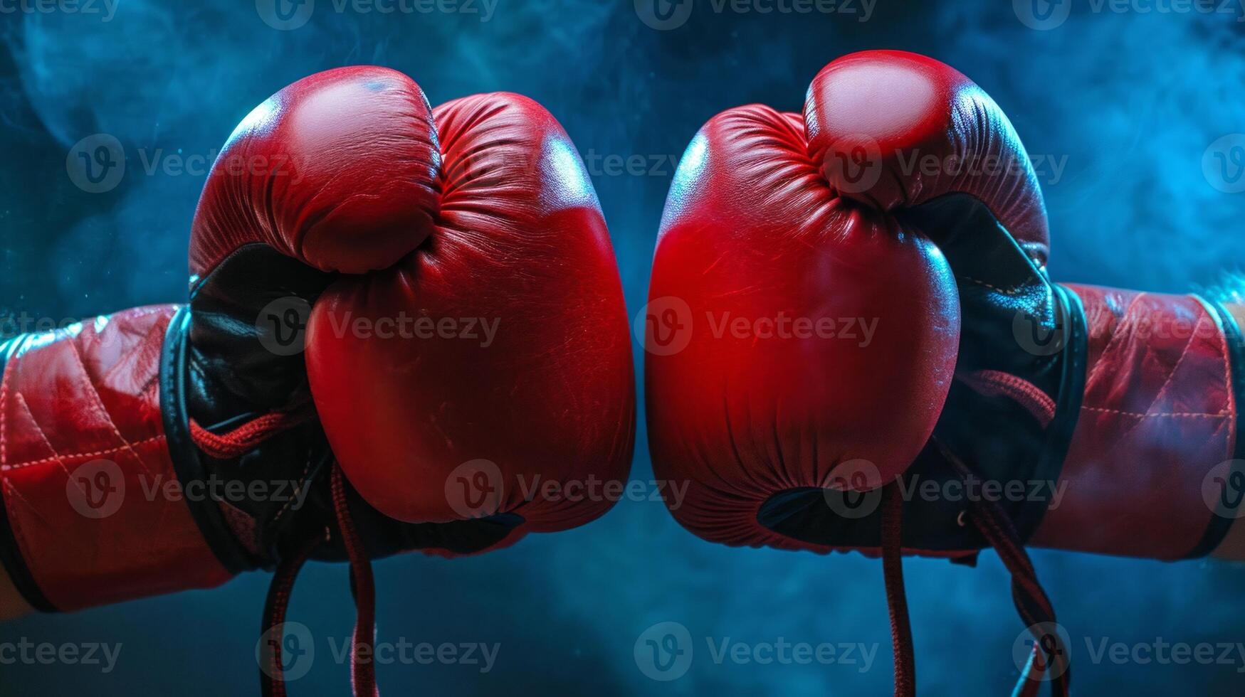 AI generated Impact moment between two boxing gloves. Fist bump. Dark background. Concept of competition, opposing forces, training, sport competition, and the dynamic nature of boxing photo