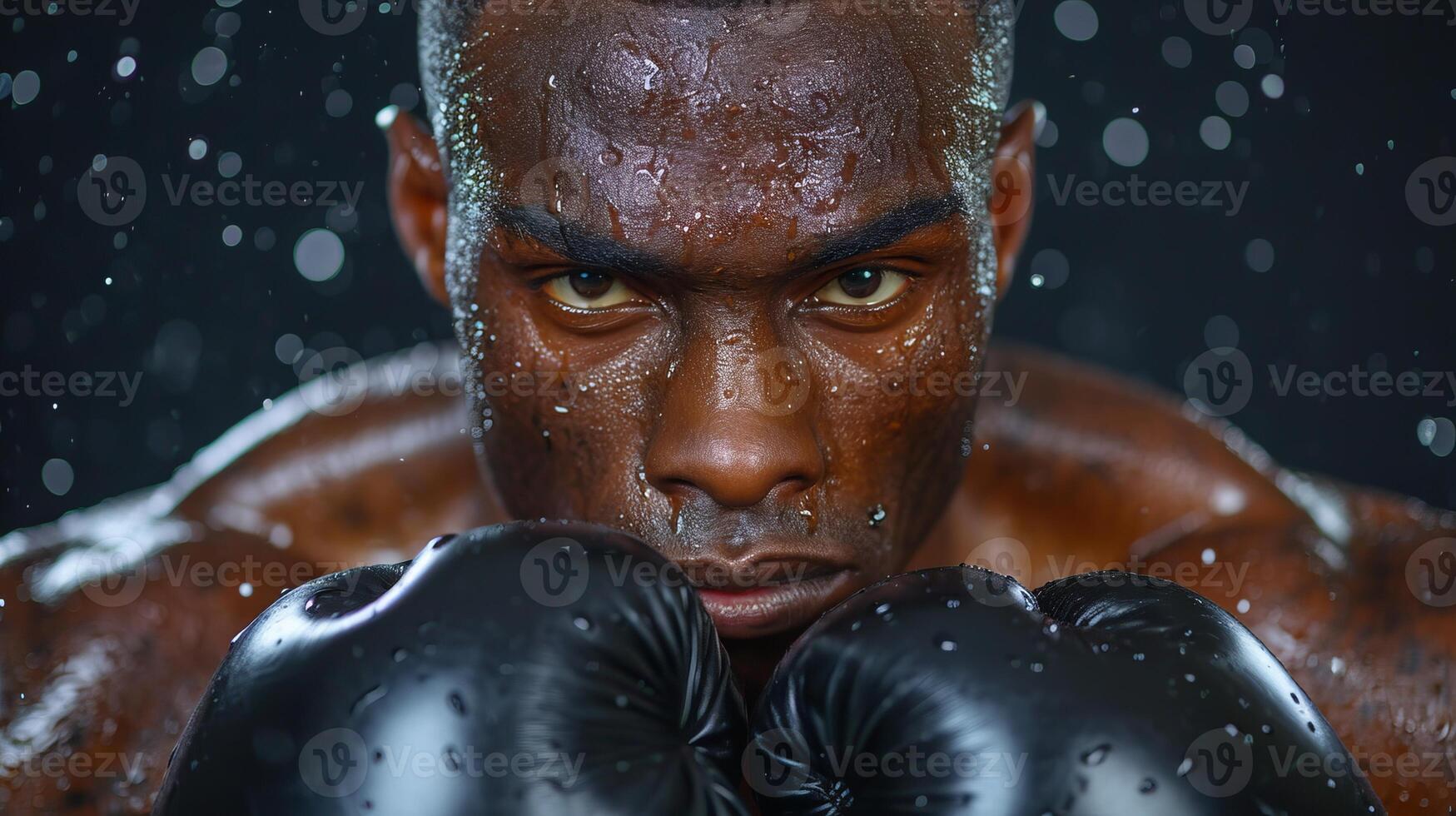 AI generated African American boxer with black gloves and intense gaze geared up for boxing. Concept of athletic determination, combat sports, focused training, and boxing discipline. photo