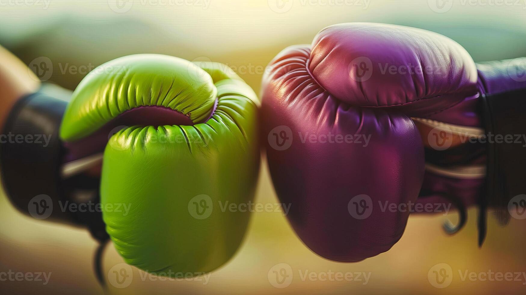 AI generated Impact moment between green and purple boxing gloves, dynamic moment. Fist bump. Concept of competition, opposing forces, training, sport competition, and the dynamic nature of boxing photo