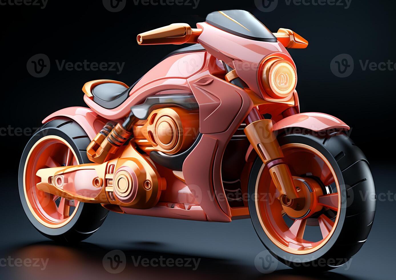 AI generated Futuristic orange toy motorbike on dark background. Concept of kids friendly toys, transport-themed playthings, playful modern designs, and bright colors. photo