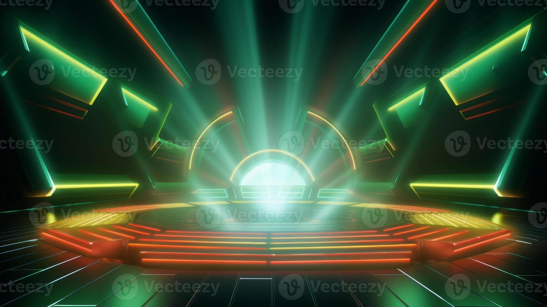 AI generated Modern futuristic concert stage with dynamic neon green illumination. Modern Night Club. Concept of virtual reality events, futuristic concerts, and high tech stage design photo