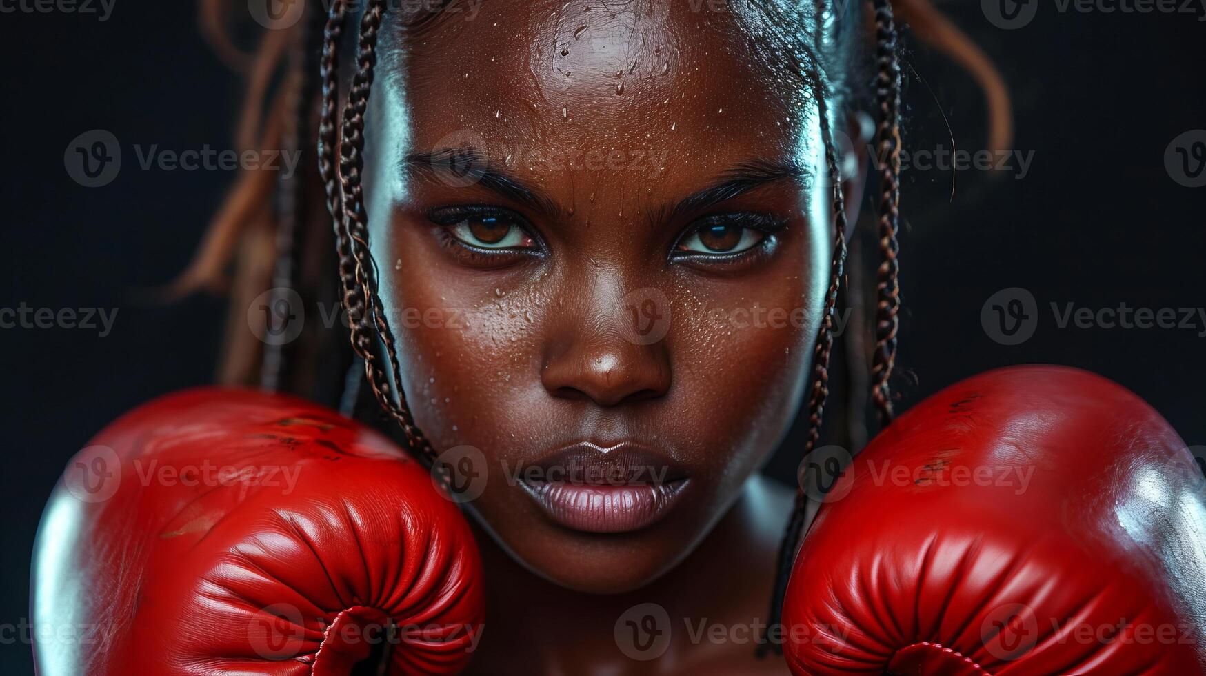 AI generated Young African American female boxer with red gloves on a dark background. Close up. Concept of female strength, combat training, and athletic discipline. photo
