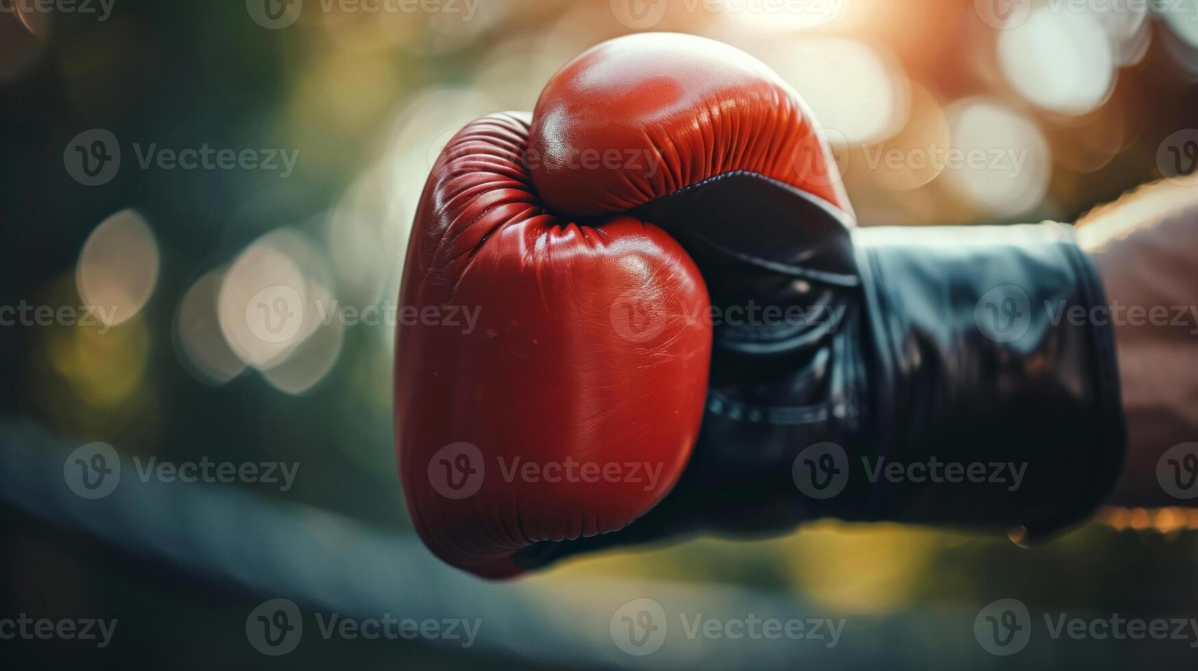 AI generated Red boxing glove in focus with a natural bokeh background. Close up. Copy space. Concept of focus, strength, and boxing training in a natural setting photo