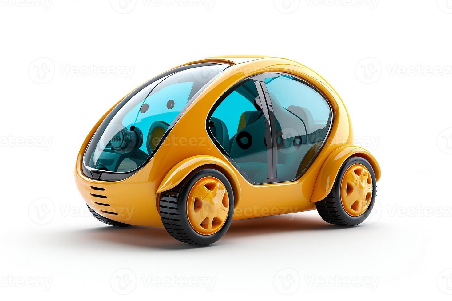 AI generated Futuristic compact toy car on white background. Modern small autonomous vehicle design. Toy electric car. Concept of future urban transport, eco friendly automobiles, kids friendly toys. photo