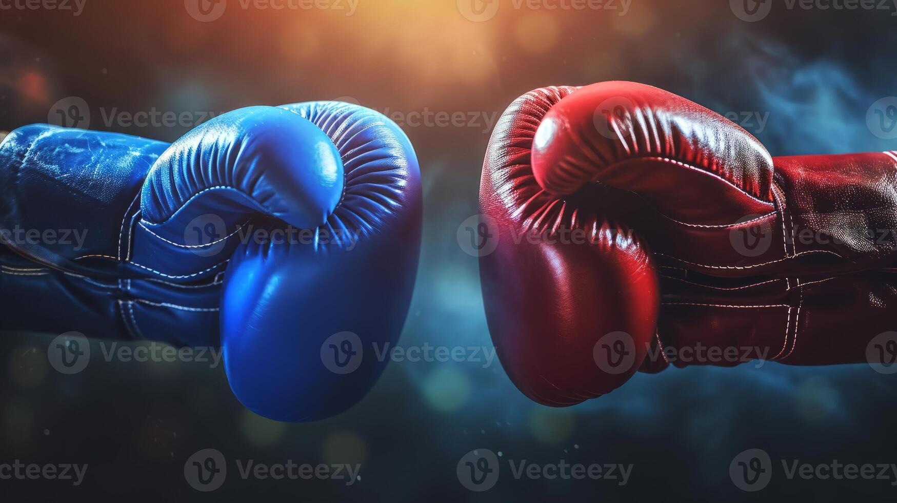 AI generated Impact moment between red and blue boxing gloves, dynamic moment. Fist bump. Concept of competition, opposing forces, training, sport competition, and the dynamic nature of boxing photo
