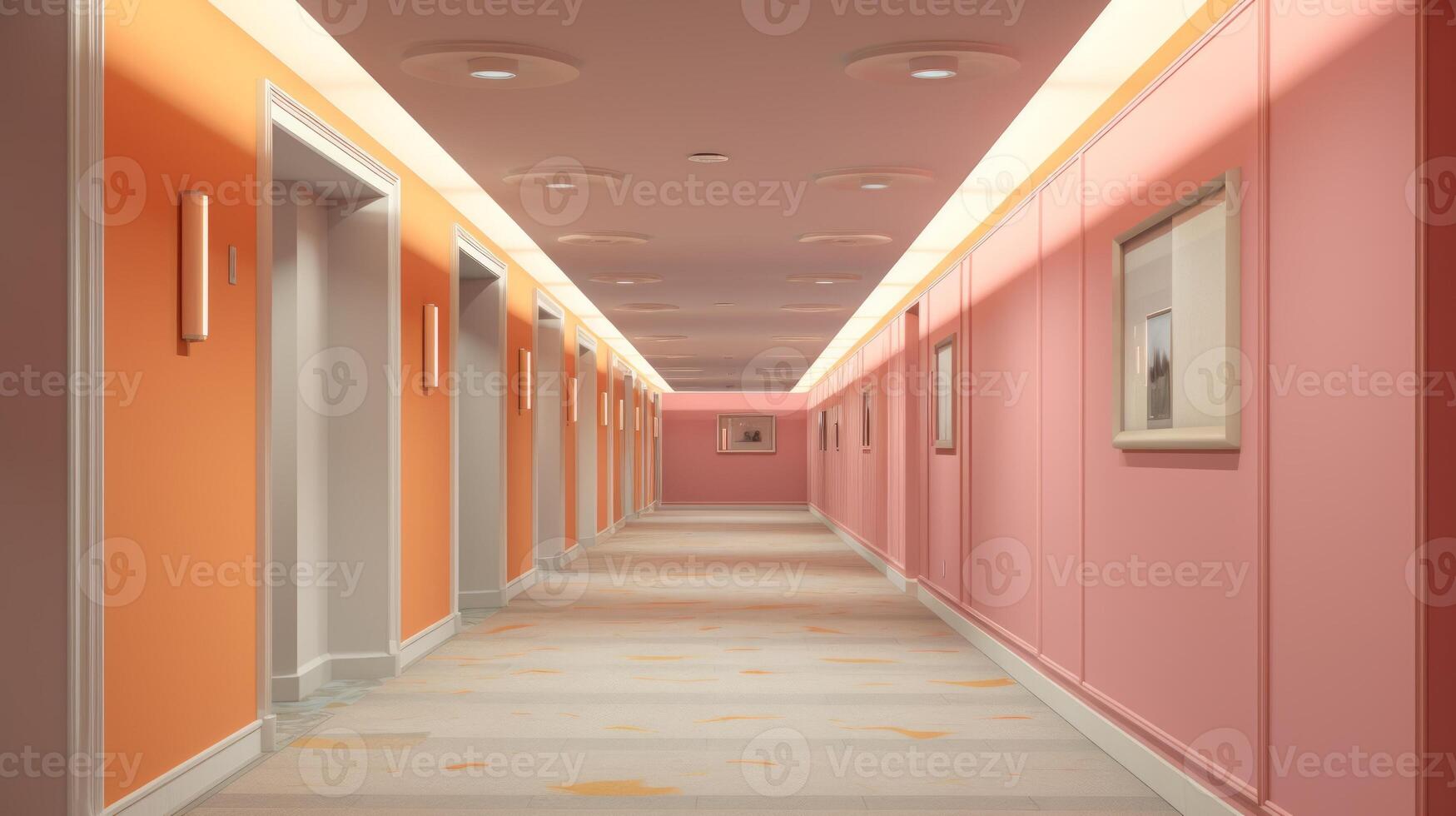 AI generated Opulent hotel hallway with multiple doors and polished floor in a trendy Peach color. Ideal for hotel design, luxury apartment complexes, hospitality marketing photo