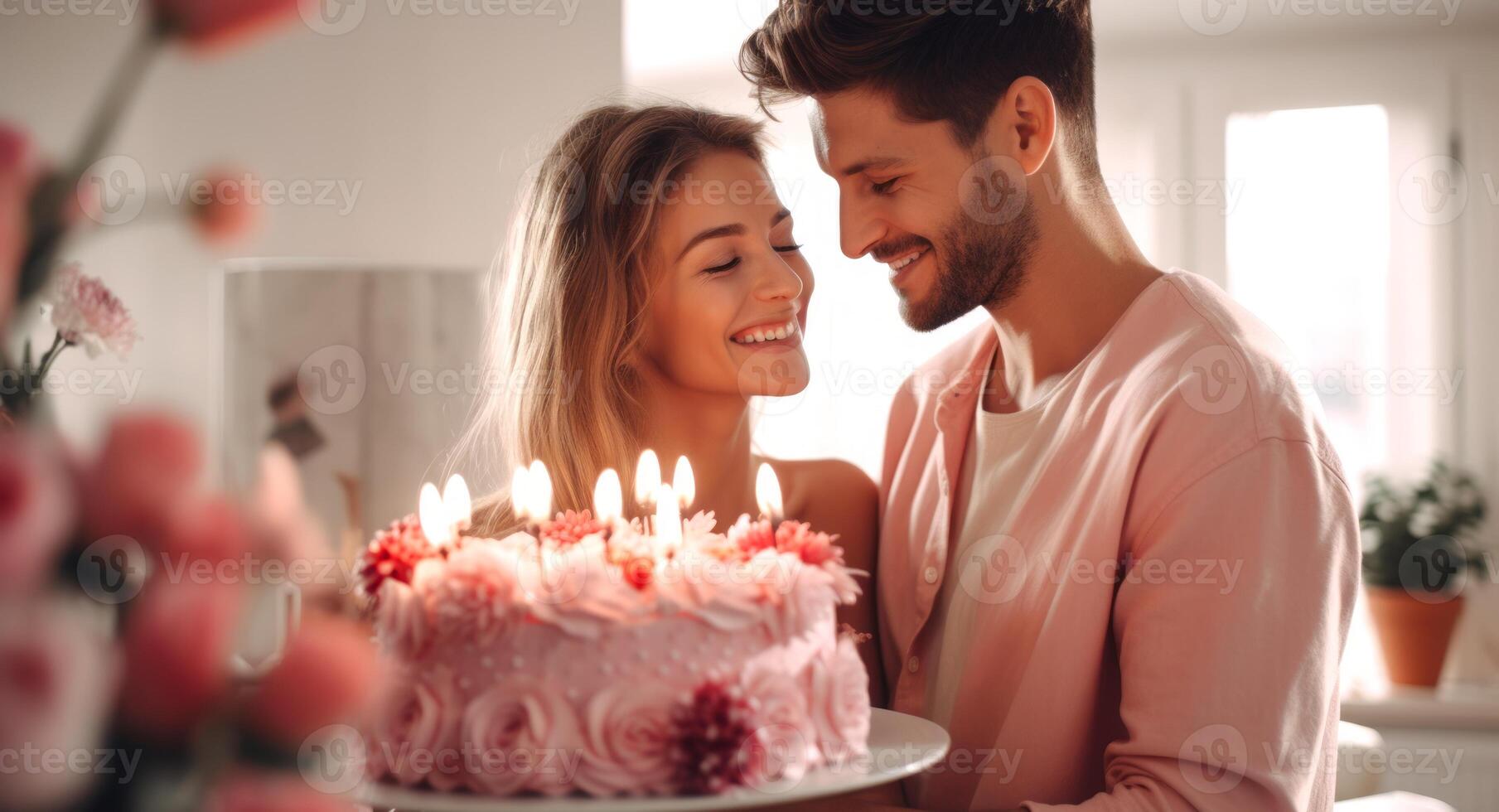 AI generated Smiling couple with a birthday cake adorned with lit candles. photo