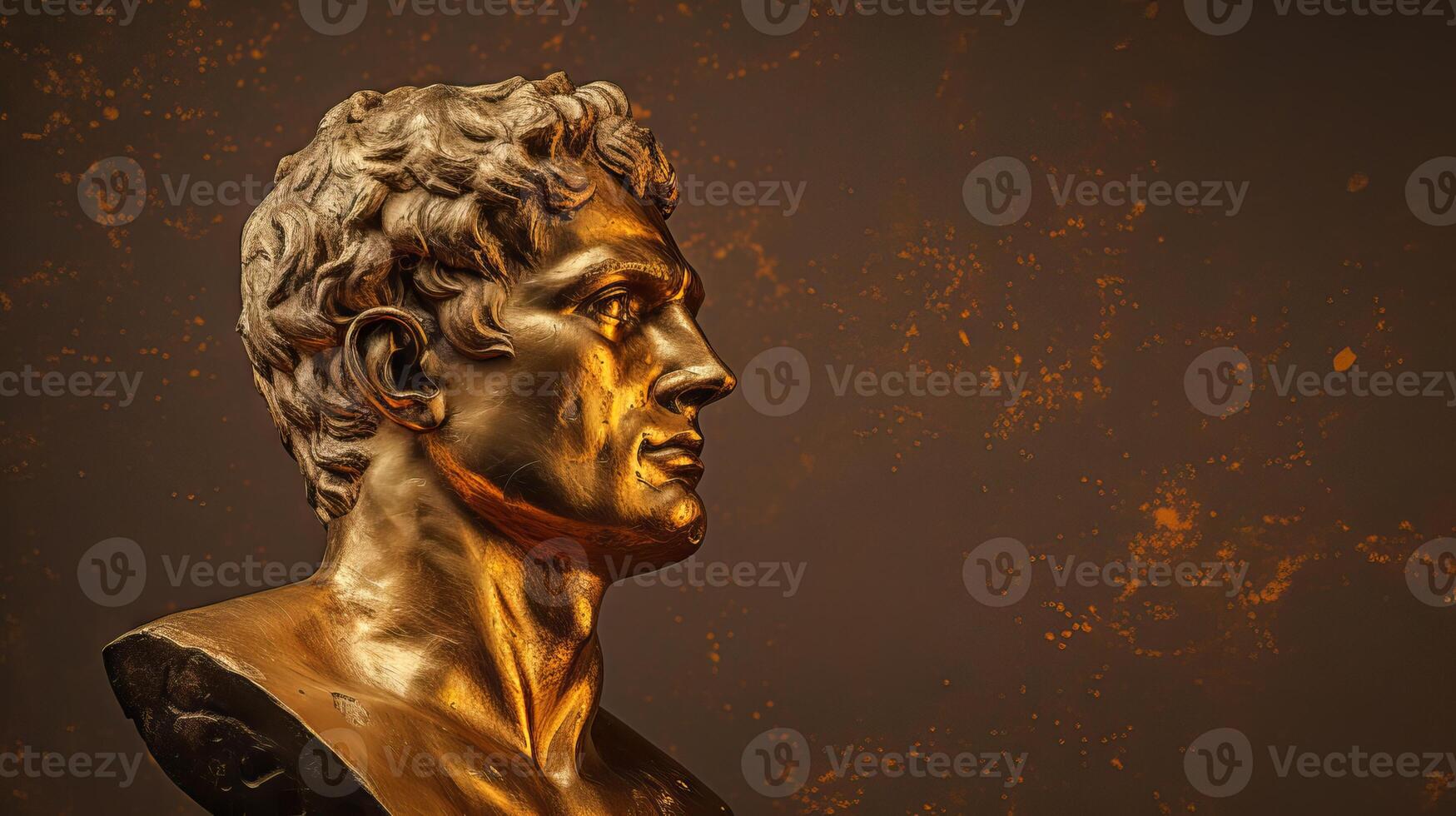 AI generated Bronze antique statue of a male head on a dark textured background. Ideal for contemporary art projects. Banner with copy space. photo