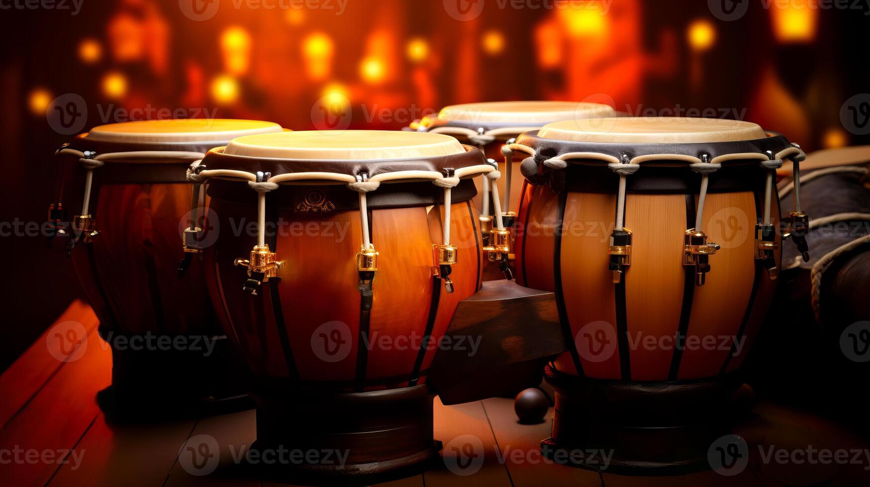 AI generated Conga drums on stage, lit by warm stage lights with bokeh effect. Ideal for music themed projects and performance promotions. Traditional percussion musical instrument of Afro-Cuban. photo