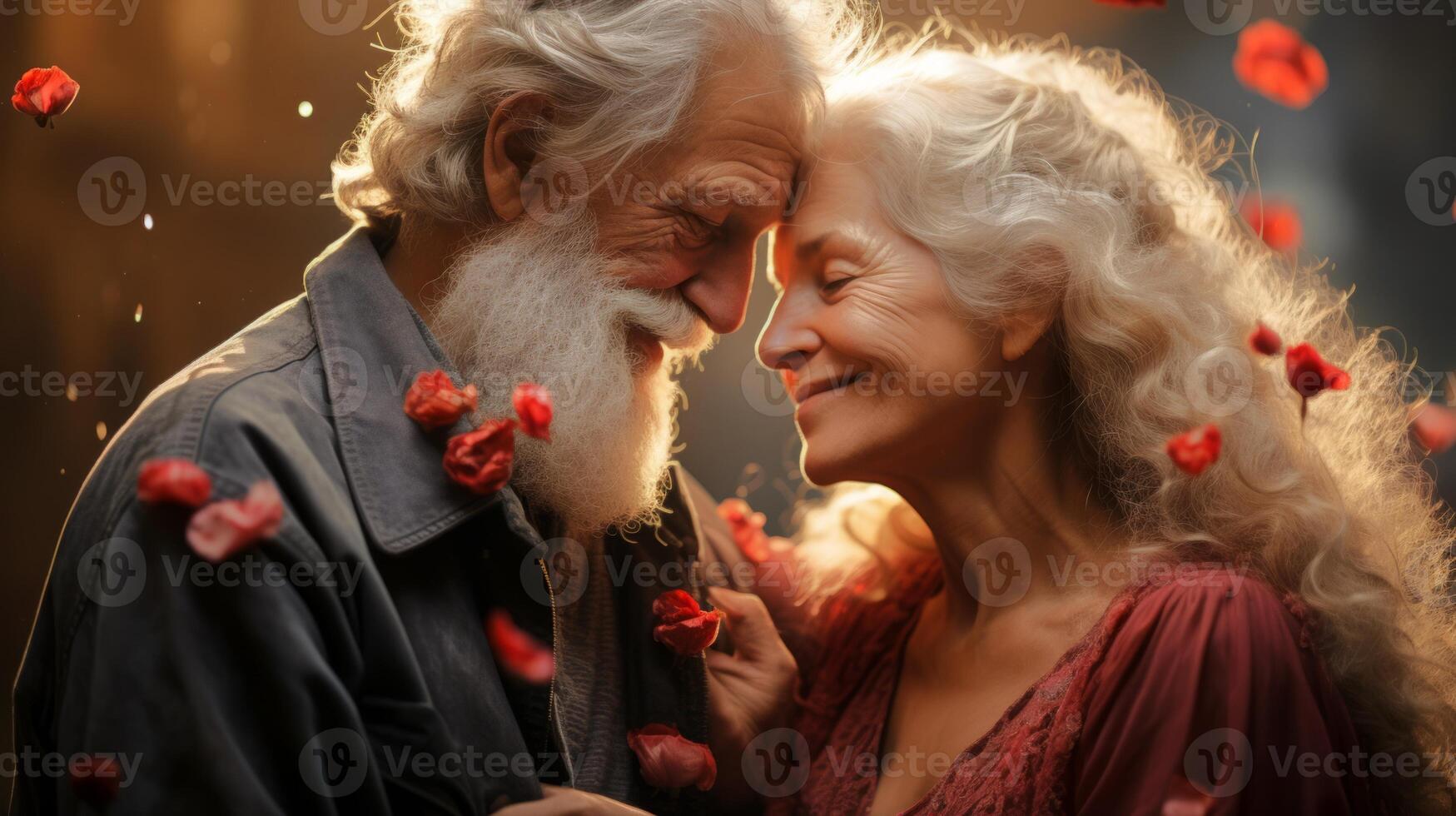 AI generated Elderly couple amidst soft background of red rose petals, evoking everlasting love. Concept of love, affection, fidelity, tenderness. Valentines day. photo