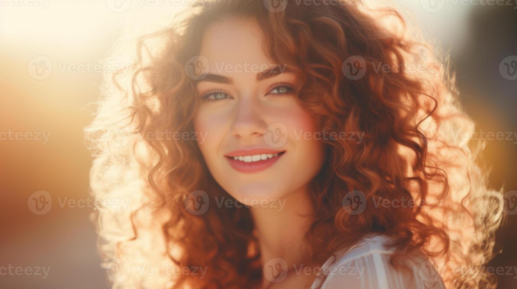 AI generated Portrait of a woman with curly hair with natural makeup in the sunlight. Happy lady enjoying the sun. Banner with copy space. Ideal for beauty or hair care advertisements. photo