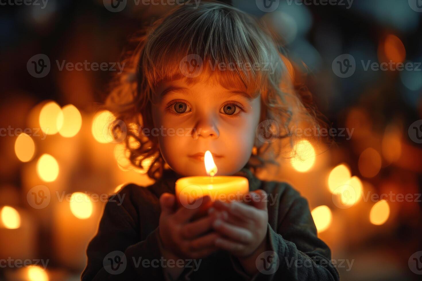 AI generated Kid holding lit candle with awe in eyes, in church setting. Light casting a soft glow on his face. Suitable for Easter festive celebrations, religious event programs, spiritual blogs photo