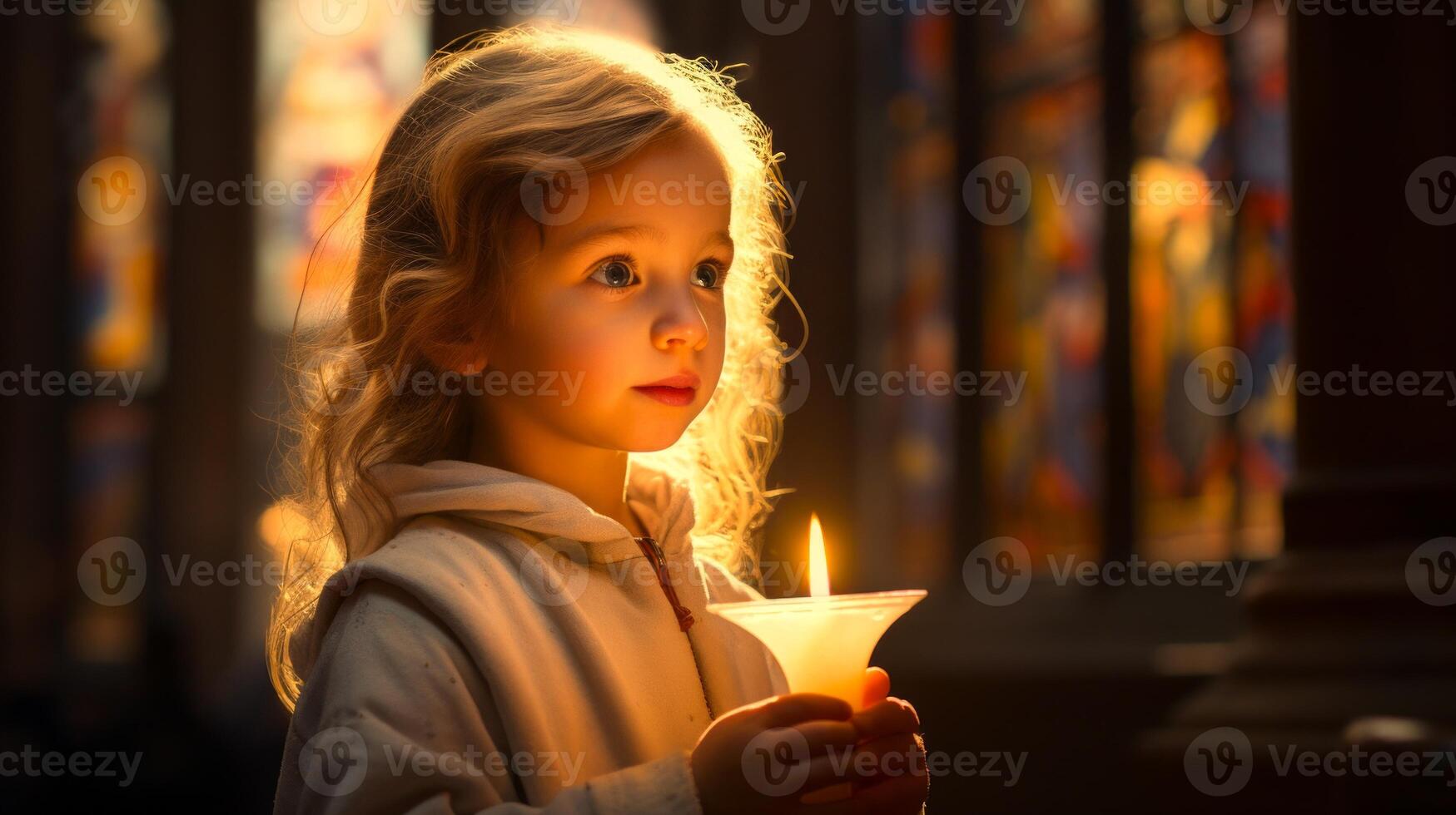 AI generated Child holding a lit candle with awe in eyes, in a church. Light casting a soft glow on his face. With copy space. Suitable for Easter festive celebrations, religious event programs, photo
